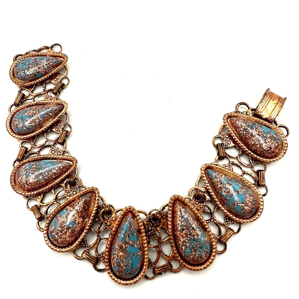 Vintage retro copper tone blue glitter confetti lucite cabochons bracelet